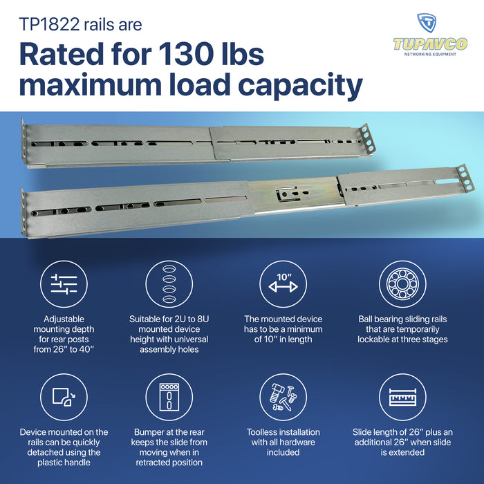 Rackmount Sliding Rails - Kit for 2U-8U Chassis (Adjustable 26" to 40" Depth) 2 or 4 Post Mount Sliders for Server Case - Tupavco 1822