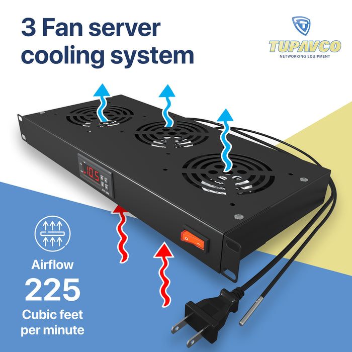 Rack Mount Fan - 3 Fan Server Cooling System - 1U 19" Rackmount Cabinet Panel Adjustable Temperature Control