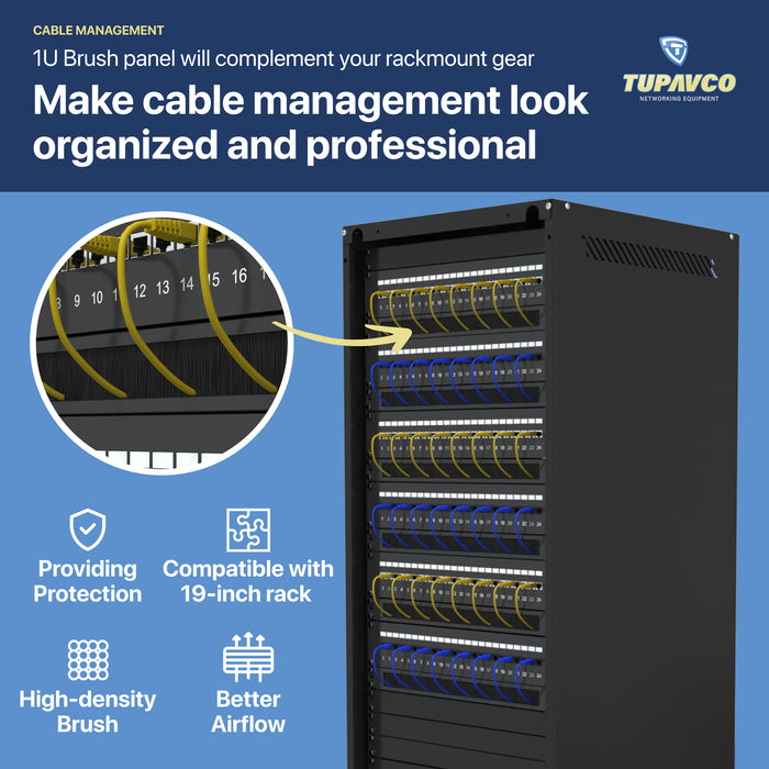 1U Brush Panel (2 Pack) - 19 inch Rackmount Strip Cable Management Spacer for Network Server Rack Cabinet Enclosure