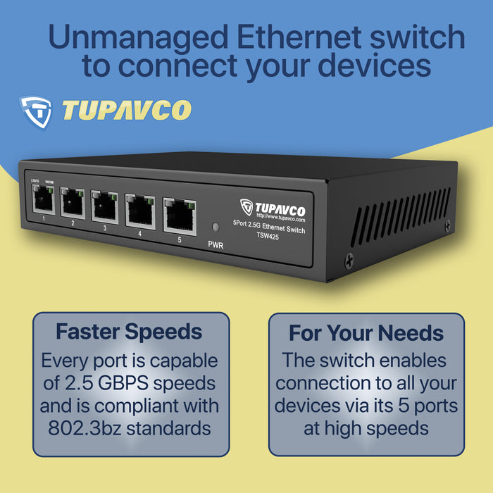 2.5GB Switch (5 Port) for Ethernet Network - High Speed 10M/100M/1G/2.5G Gigabit (802.3bz) - Tupavco TP1940