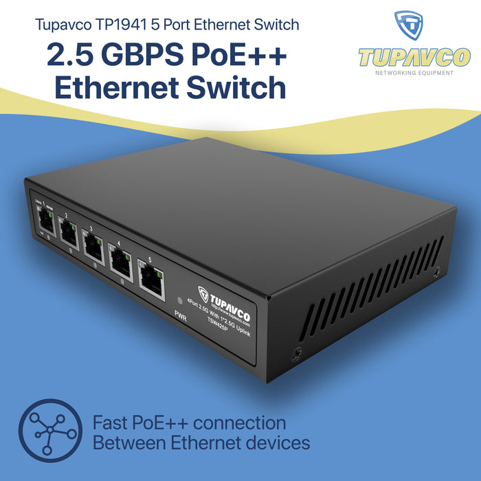 2.5GB Switch (5 Port) PoE++ for Ethernet Network - High Speed 10M/100M/1G/2.5G Gigabit (802.3bz) - Tupavco TP1941