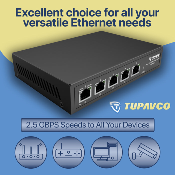 2.5GB Switch (5 Port) PoE++ for Ethernet Network - High Speed 10M/100M/1G/2.5G Gigabit (802.3bz) - Tupavco TP1941
