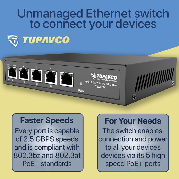 2.5GB Switch (5 Port) PoE++ for Ethernet Network - High Speed 10M/100M/1G/2.5G Gigabit (802.3bz) - Tupavco TP1941