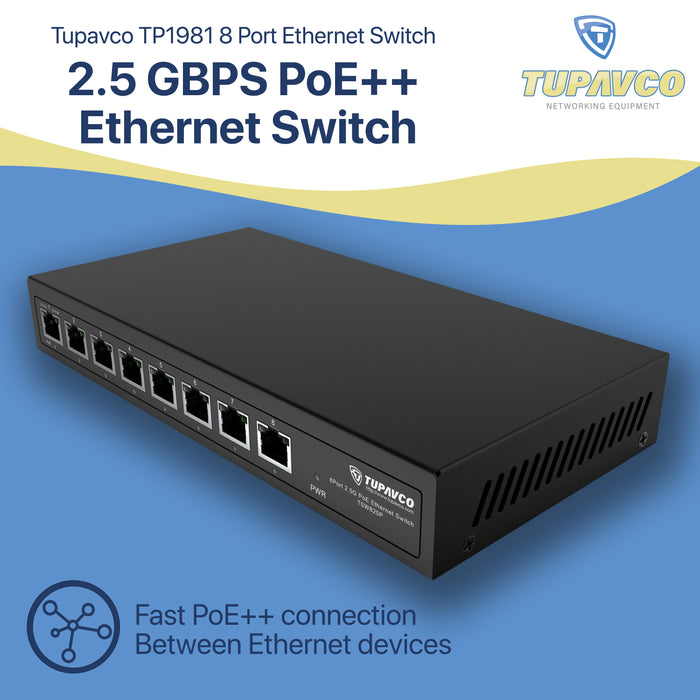 2.5GB Switch (8 Port) PoE++ for Ethernet Network - High Speed 10M/100M/1G/2.5G Gigabit (802.3bz) - Tupavco TP1981