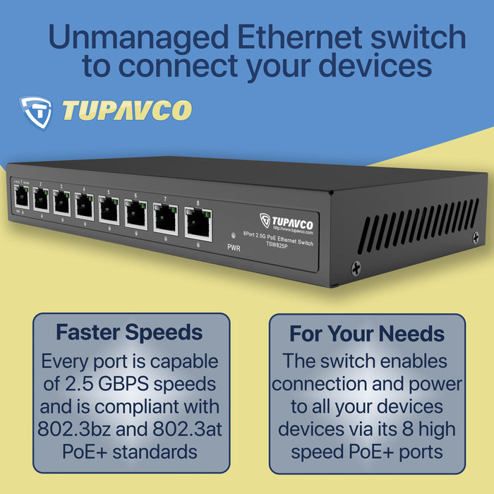 2.5GB Switch (8 Port) PoE++ for Ethernet Network - High Speed 10M/100M/1G/2.5G Gigabit (802.3bz) - Tupavco TP1981