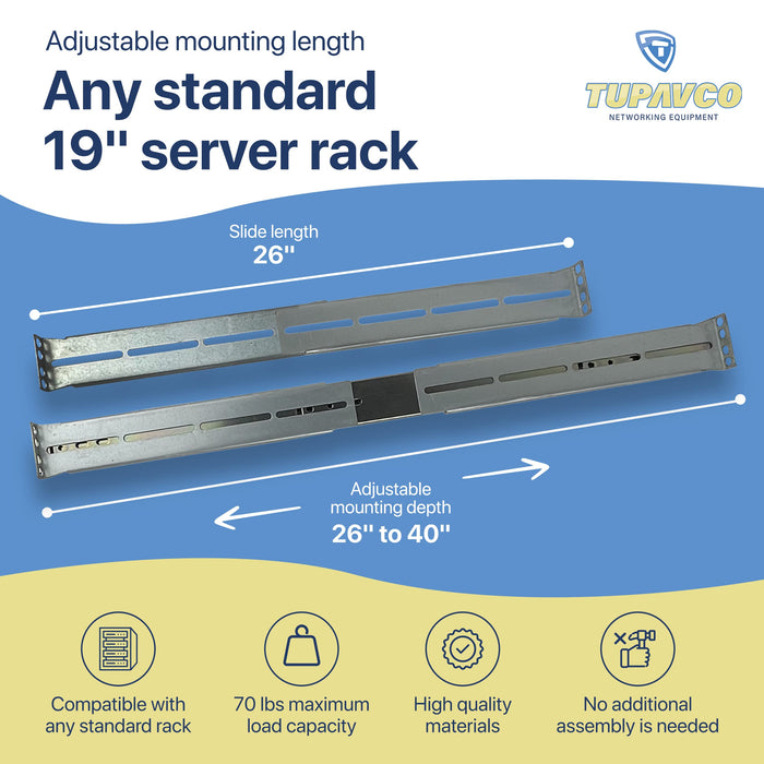 Rackmount Sliding Rails - Kit for 1U-4U Chassis (Adjustable 26" to 40" Depth) 2 or 4 Post Mount Sliders for Server Case - Tupavco TP1812