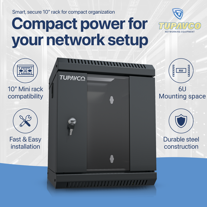 10 inch Mini Network Rack Cabinet - 6U Vented w/Glass Door - 9 in Depth - Tupavco TP436