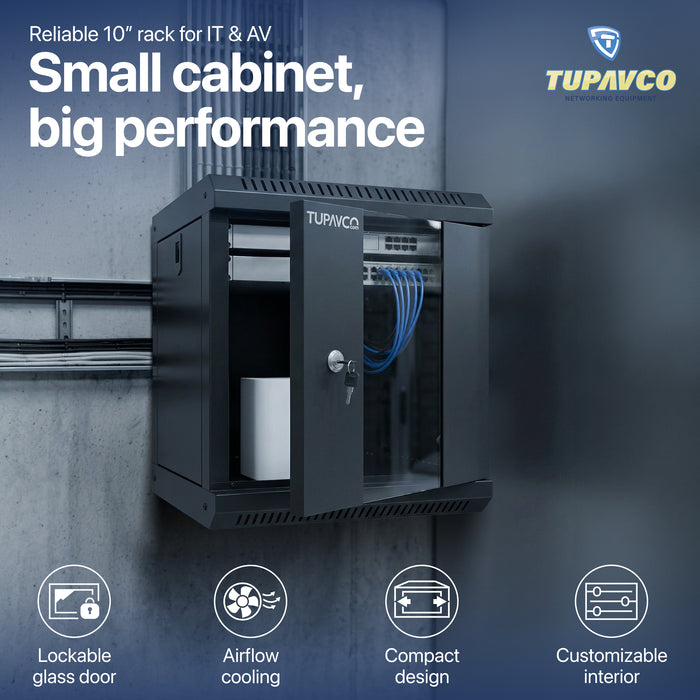 10 inch Mini Network Rack Cabinet - 6U Vented w/Glass Door - 9 in Depth - Tupavco TP436