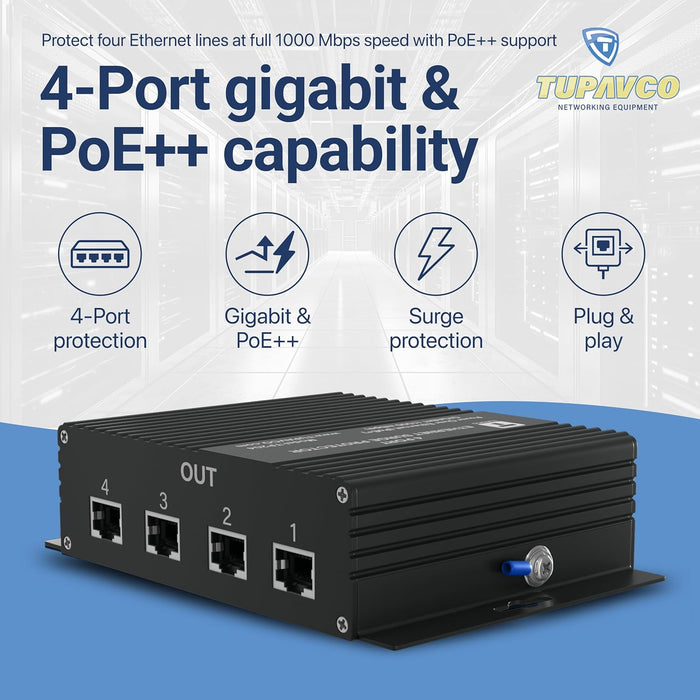 4 Port Gigabit Ethernet Surge Protector - Compatible with PoE++ Tupavco TP204