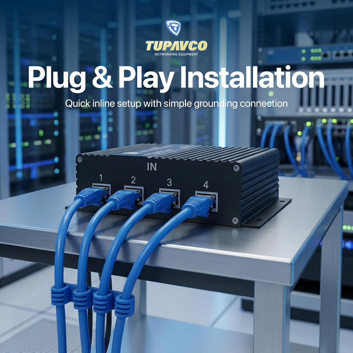 4 Port Gigabit Ethernet Surge Protector - Compatible with PoE++ Tupavco TP204