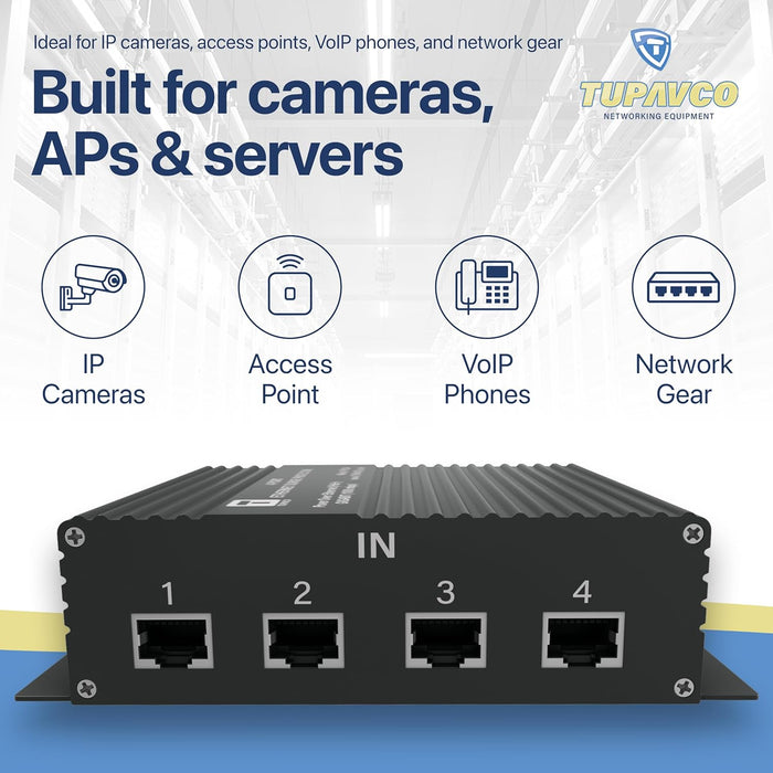 4 Port Gigabit Ethernet Surge Protector - Compatible with PoE++ Tupavco TP204