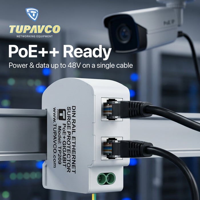 Ethernet Surge Protector DIN Rail Mounted Gigabit - Compatible with PoE++ - Tupavco TP209