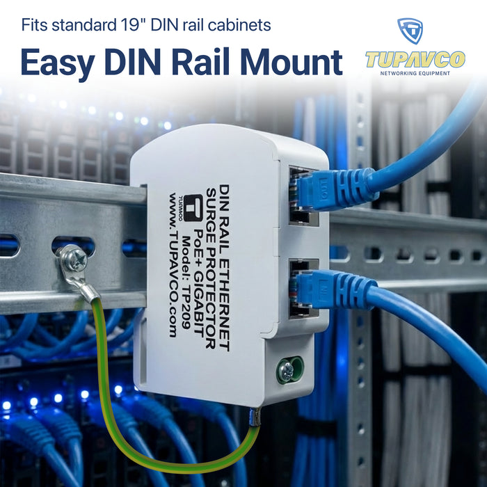 Ethernet Surge Protector DIN Rail Mounted Gigabit - Compatible with PoE++ - Tupavco TP209