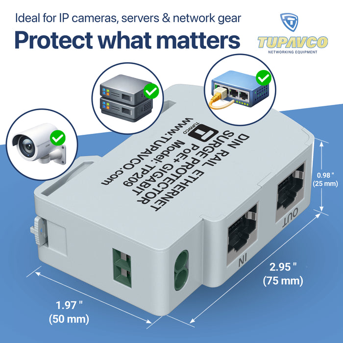 Ethernet Surge Protector DIN Rail Mounted Gigabit - Compatible with PoE++ - Tupavco TP209