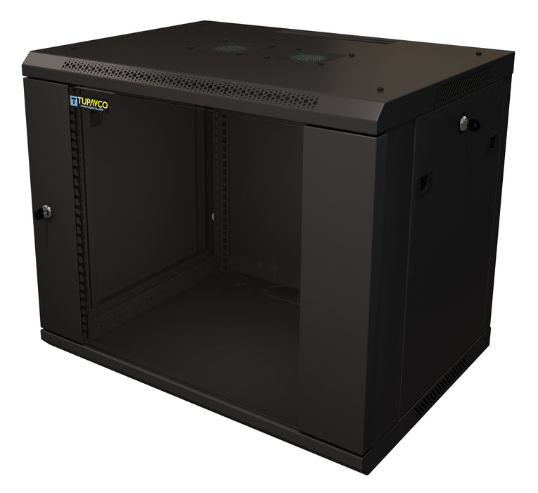 9U Server Rack Cabinet 19" - Vent Fans - Lockable Glass Door - Steel Frame - Lockable Removable Sides