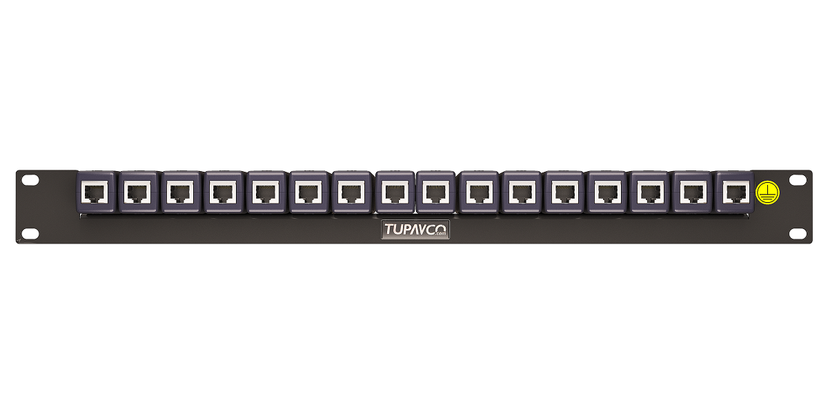 Rack Mount Rail Panel 19" with 16x DIN Ethernet Surge Protectors GbE PoE+ Gigabit 1000Mbs