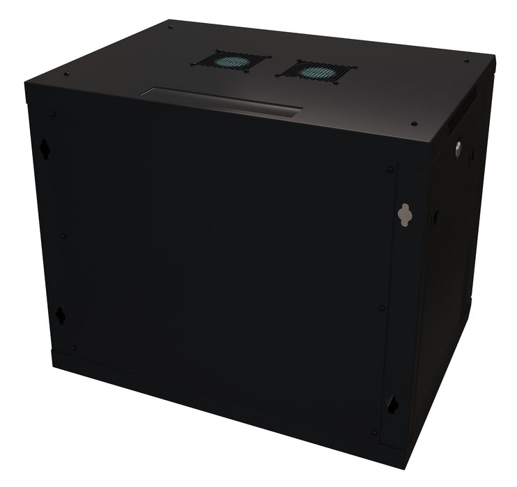 9U Server Rack Cabinet 19" - Vent Fans - Lockable Glass Door - Steel Frame - Lockable Removable Sides