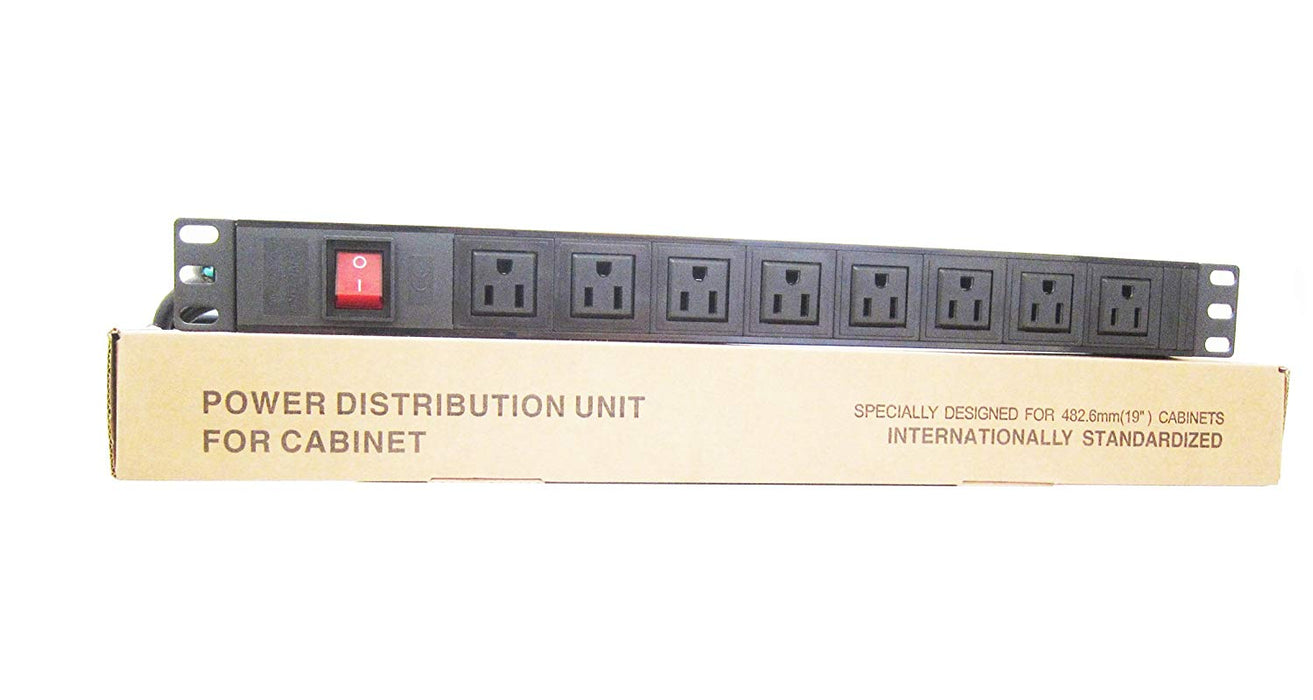 Power distribution unit, 15A, 125VAC, 8 NEMA outlets, 19”, 1U rackmount electrical outlet with on/off switch