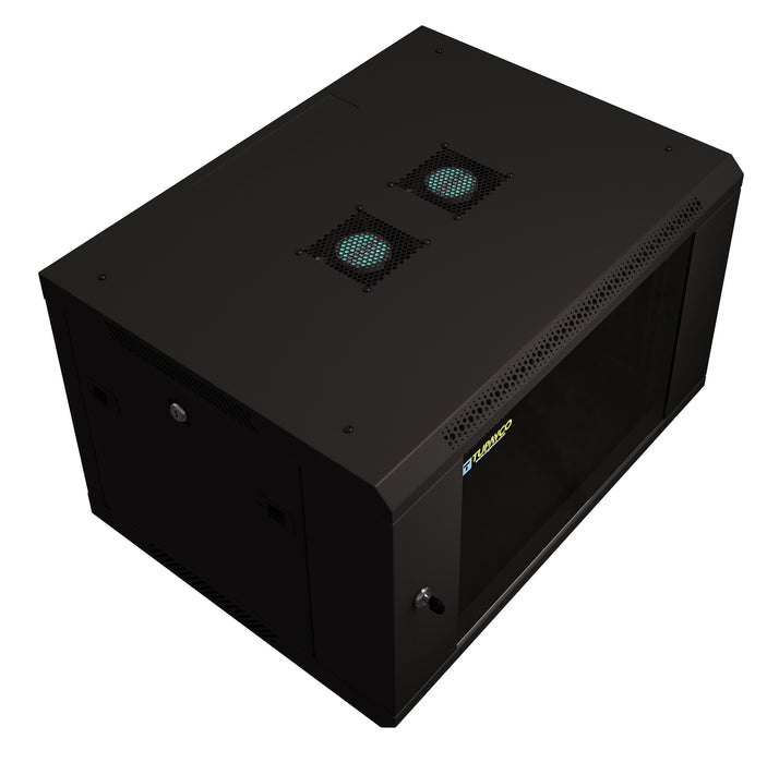 6U Server Rack Cabinet 19" - Vent Fans - Lockable Glass Door - Steel Frame - Lockable Removable Sides