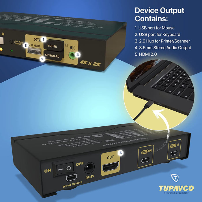 USB-C KVM Switch - (2 Ports) Control Two Computers w/One Shared Keyboard/Monitor/Mouse - HDMI and Audio Output - Tupavco TKVM-U2