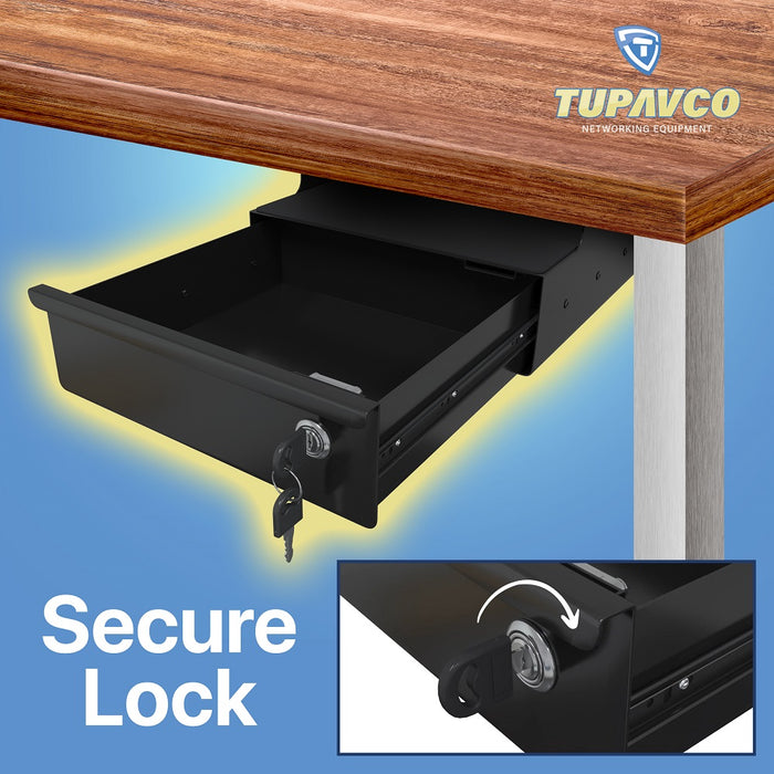 Under Desk Sliding Pull Out Drawer - Key Lock Storage with Padded Extra Shelf Compartment
