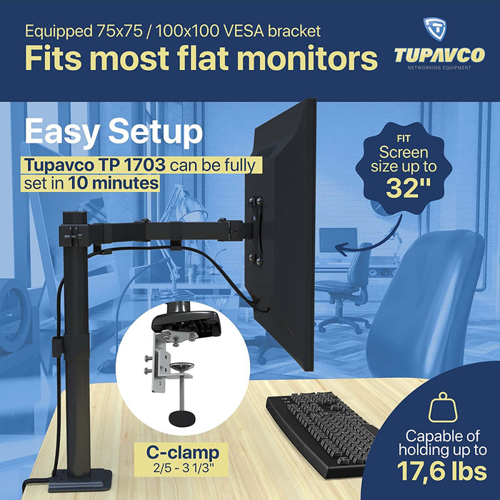 Monitor Stand - Single Monitor Arm - Fully Adjustable Motion (Rotation/Tilt/Swivel) - Up to 32 inch 17.6 LB