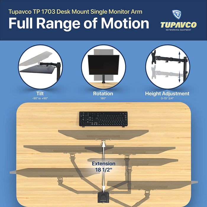 Monitor Stand - Single Monitor Arm - Fully Adjustable Motion (Rotation/Tilt/Swivel) - Up to 32 inch 17.6 LB