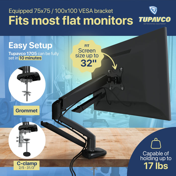 Monitor Arm - Gas Spring Single Monitor Stand - Fully Adjustable Motion (Rotation/Tilt/Swivel)