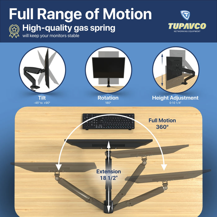 Monitor Arm - Gas Spring Single Monitor Stand - Fully Adjustable Motion (Rotation/Tilt/Swivel)