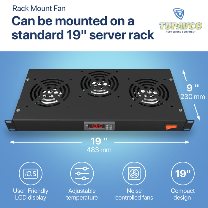 Rack Mount Fan - 3 Fan Server Cooling System - 1U 19" Rackmount Cabinet Panel Adjustable Temperature Control