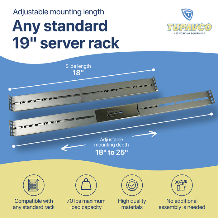 Rackmount Sliding Rails - Kit for 1U-4U Chassis (Adjustable 18" to 25" Depth) 2 or 4 Post Mount Sliders for Server Case - Tupavco TP1811