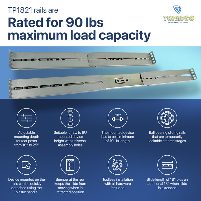 Rackmount Sliding Rails - Kit for 2U-8U Chassis (Adjustable 18" to 25" Depth) 2 or 4 Post Mount Sliders for Server Case - Tupavco TP1821