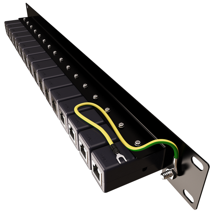Rack Mount Rail Panel 19" with 16x DIN Ethernet Surge Protectors GbE PoE+ Gigabit 1000Mbs