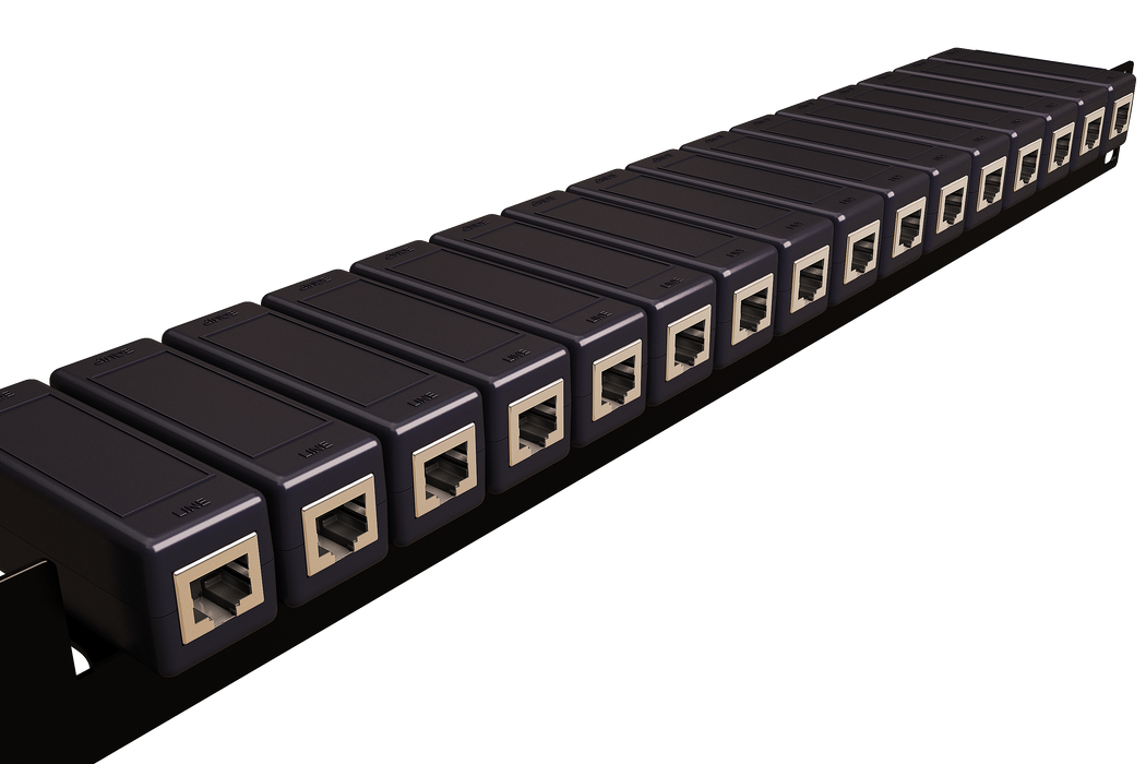 Rack Mount Rail Panel 19" with 16x DIN Ethernet Surge Protectors GbE PoE+ Gigabit 1000Mbs