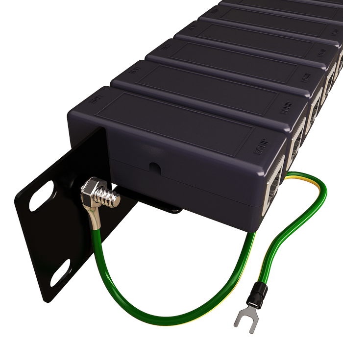 Rack Mount Rail Panel 19" with 16x DIN Ethernet Surge Protectors GbE PoE+ Gigabit 1000Mbs
