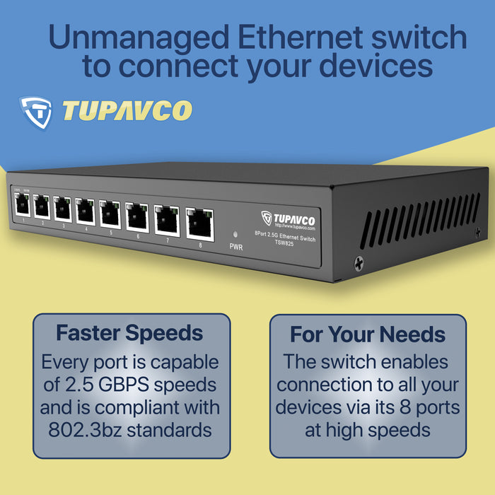 2.5GB Switch (8 Port) for Ethernet Network - High Speed 10M/100M/1G/2.5G Gigabit (802.3bz) - Tupavco TP1980