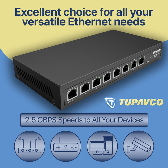2.5GB Switch (8 Port) PoE++ for Ethernet Network - High Speed 10M/100M/1G/2.5G Gigabit (802.3bz) - Tupavco TP1981