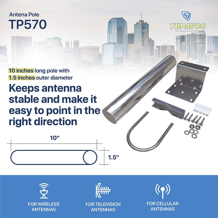 TP570 Antenna Pole Mount for Wifi, TV or LTE/4G Antennas (Yagi, Panel, Grid or Omni) Length 10 inch - 1.5" Mast Diameter (Outdoor and Weatherproof)