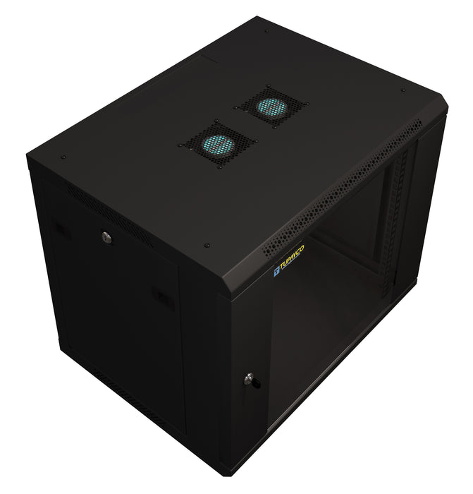9U Server Rack Cabinet 19" - Vent Fans - Lockable Glass Door - Steel Frame - Lockable Removable Sides