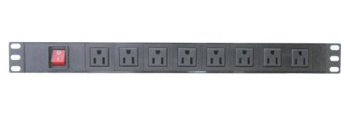 Power distribution unit, 15A, 125VAC, 8 NEMA outlets, 19”, 1U rackmount electrical outlet with on/off switch