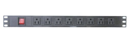 Power distribution unit, 15A, 125VAC, 8 NEMA outlets, 19”, 1U rackmount electrical outlet with on/off switch