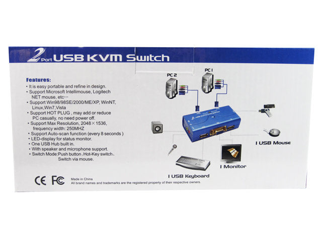 KVM Switch 2 Port Automatic Splitter w VGA/Audio/USB Cables 2048×1536 Auto Ports