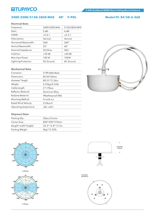 MIMO Ceiling Antenna 2.4GHz/5.8GHz 6dBi 3x RP-SMA Dual Band