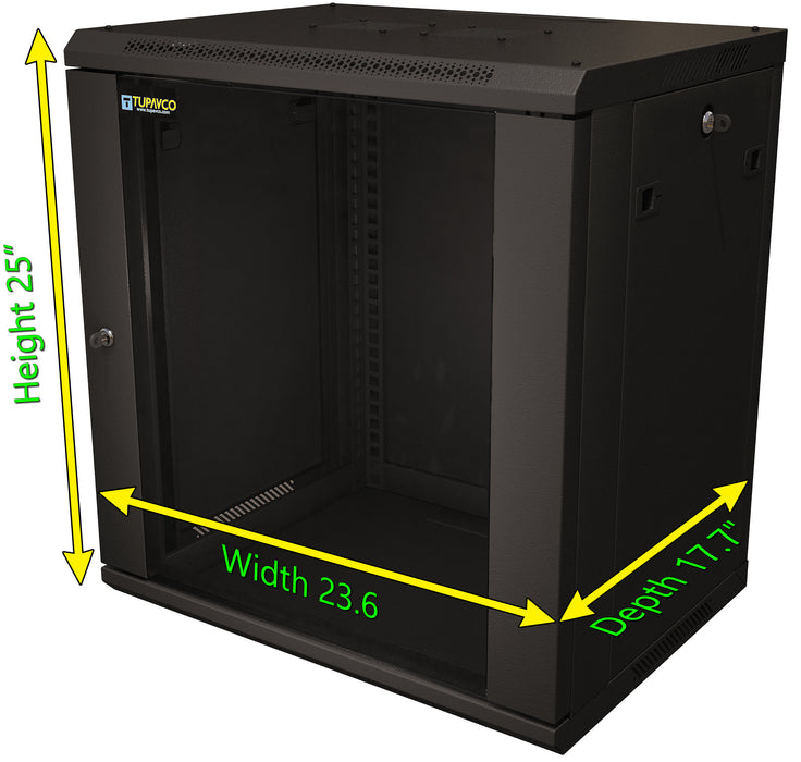 12U Server Rack Cabinet 19" - Vent Fans - Lockable Glass Door - Steel Frame - Lockable Removable Sides